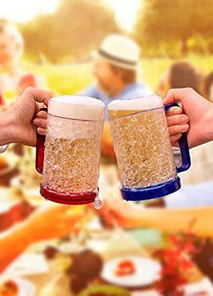 Double Wall Gel Frosty Freezer Ice Mugs Clear 16oz Set of 4 (Blue, Red, Orange and Green)