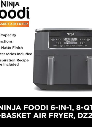 Ninja DZ201 Foodi 8 Quart 6-in-1 DualZone 2-Basket Air Fryer with 2 Independent Frying Baskets, Match Cook & Smart Finish to Roast, Broil, Dehydrate & More for Quick, Easy Meals, Grey
