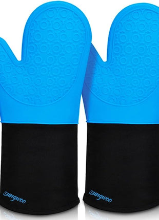 sungwoo Extra Long Silicone Oven Mitts, Heat Resistant Oven Gloves with Quilted Liner Non-Slip Textured Grip Perfect for BBQ, Baking, Cooking and Grilling - 1 Pair 14.6 Inch Blue & Black