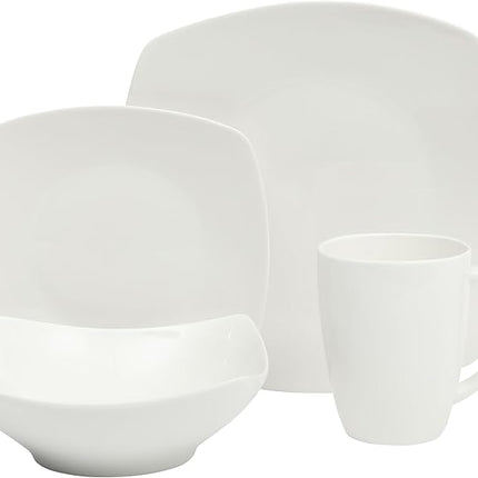 Gibson Home Zen Buffet Porcelain Chip and Scratch Resistant Dinnerware Plates, Bowls, and Mugs Set, Service for 4 (16pcs), White (Square Dishes)