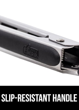 GORILLA GRIP Stainless Steel Heat Resistant Kitchen Tongs for Cooking, Set of 2 BBQ Tong, Non Scratch Silicone Tip for Pans, Strong Grip, Grab Food, Toss Salad, Air Fryer, Pull Lock, 7 + 9 Inch, Black