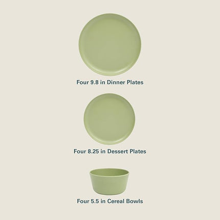 Gibson Home Fairhope 12-Piece Matte Green Melamine Dinnerware Set – Durable Lightweight Plates and Bowls, Kitchen Dining Set