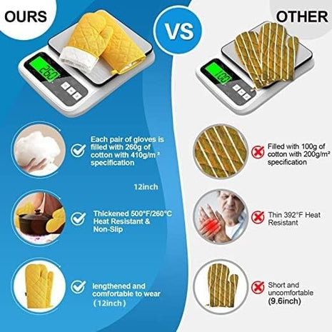 Oven Mitts and Pot Holders 4 pcs Set,High Heat Resistant 500 Degree Extra Thicken Long Kitchen Cotton Oven Glove for Cooking (12 Inch,Yellow)