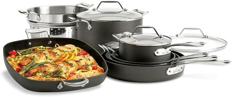 All-Clad Essentials Hard Anodized Nonstick Cookware Set 10 Piece Oven Safe 350F Pots and Pans Black