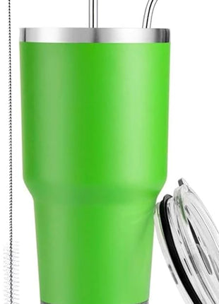 D·S 30 oz Green Tumbler Stainless Steel Double Wall Vacuum Insulated Mug with Straw and Lid, Cleaning Brush for Cold and Hot Beverages