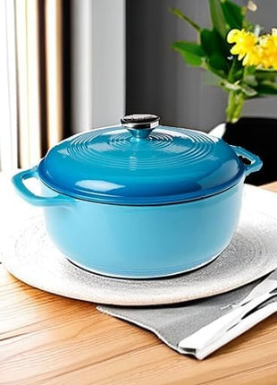 Lodge 6 Quart Enameled Cast Iron Dutch Oven with Lid – Dual Handles – Oven Safe up to 500° F or on Stovetop - Use to Marinate, Cook, Bake, Refrigerate and Serve – Cornflower Blue