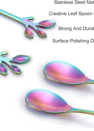 AnSaw Elegant Rainbow Leaf Coffee Spoons - 10-Piece, 4.7" Mini Stainless Steel Espresso & Dessert Tea Spoons, Perfect for Demitasse & Small Servings