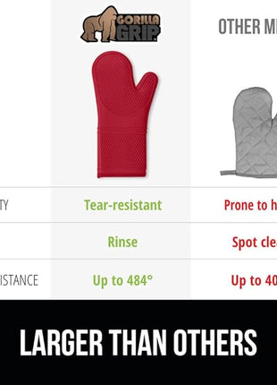 GORILLA GRIP BPA-Free Soft Silicone Oven Mitts, 14.5x8.3, Heat Resistant and Waterproof Cooking Gloves, Thick Cotton Lining, Flexible Gripping Kitchen Potholders Set of 2, Christmas Kitchen Decor, Red