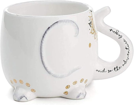 VOTUM Elephant Ceramic Coffee or Tea Mug - Animal Shaped Cup with Hand Printed Designs Saying “And So the Adventure Begins” - Cute Handmade Gift for Men or Women Elephant Lovers – 18.6 Fluid Ounce