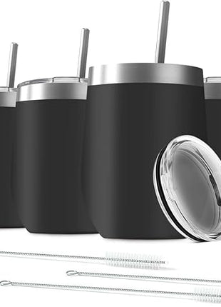 6 Pack 12 oz Stainless Steel Stemless Wine Tumbler with Lids, Double Wall Vacuum Insulated Travel Cup Including 6 Straws set,for Coffee, Cocktail, Drink, Tea and Beer (Black)