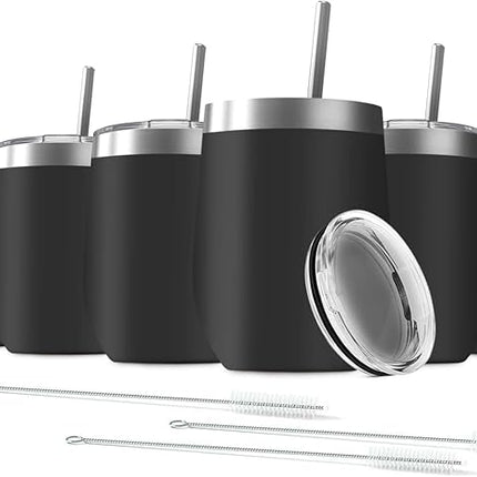 6 Pack 12 oz Stainless Steel Stemless Wine Tumbler with Lids, Double Wall Vacuum Insulated Travel Cup Including 6 Straws set,for Coffee, Cocktail, Drink, Tea and Beer (Black)