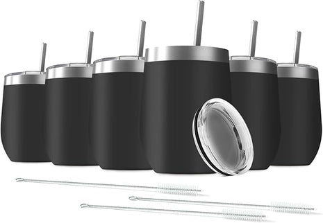6 Pack 12 oz Stainless Steel Stemless Wine Tumbler with Lids, Double Wall Vacuum Insulated Travel Cup Including 6 Straws set,for Coffee, Cocktail, Drink, Tea and Beer (Black)