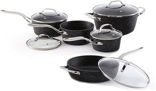 Starfrit The Rock 10PC Non-Stick Cookware Set - Durable Forged Aluminum - Oven Safe - PFOA Free - Easy to Clean - Black