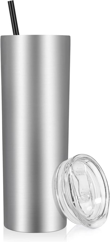 VEGOND Stainless Steel Skinny Tumbler, 20 oz Vacuum Insulated Tumbler with Lid and Straw, Double Wall Coffee Cup, Travel Mug for Cold Hot Drinks, Stainless Steel 1 Pack