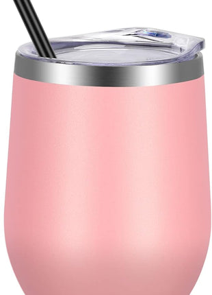 VEGOND 12oz Stainless Steel Wine Tumbler with Lid and Straw, Double Wall Vacuum Insulated Stemless Wine Glass Tumbler Cup, Coffee Mug for Cold Hot Drinks