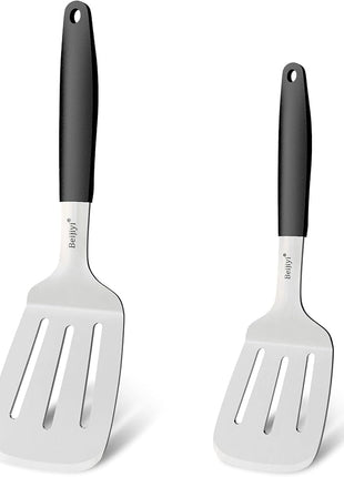 Beijiyi 2-Piece Stainless Steel Spatula Set, 13.3" & 11.3" Slotted Turner, Heavy Duty Metal Spatulas for Cast Iron Skillet and Grilling Cooking with Silicone Handle, Flipper for Steak, Burger and Eggs