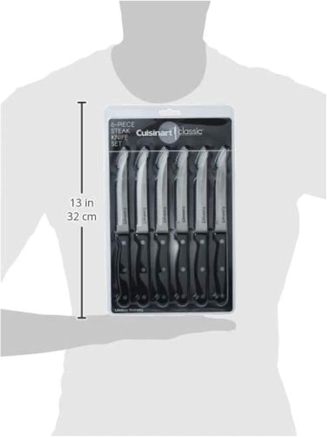 Cuisinart Knife Set, 6pc Steak Knife Set with Steel Blades for Precise Cutting, Lightweight, Stainless Steel & Durable, C77TR-6PSK, Black