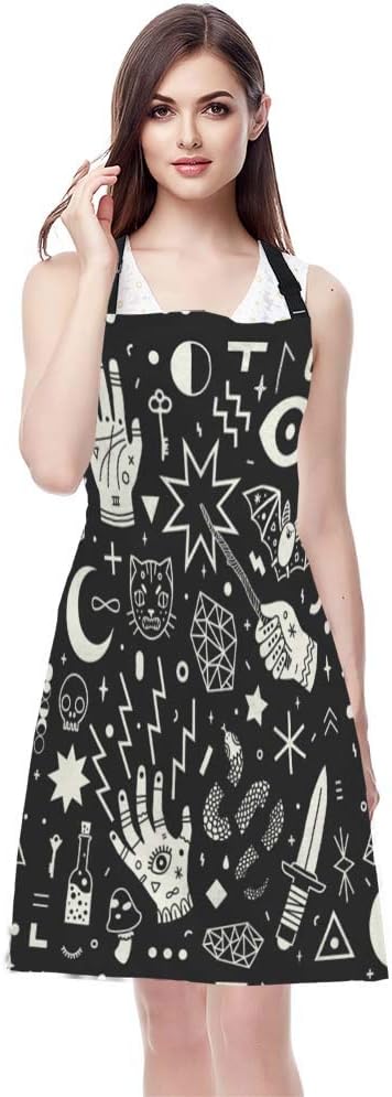 EKOBLA Magical Witchcraft Aprons Hand Eyes Moon Skull Cat Bat Snake Dagger Mushroom Key Waterproof Resistant Chef Cooking Kitchen BBQ Adjustable Aprons for Women Men 27x31 Inch