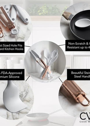 COOK WITH COLOR Silicone Cooking Utensils, Kitchen Utensil Set, Easy to Clean Silicone Kitchen Utensils, Cooking Utensils for Nonstick Cookware, Kitchen Gadgets Set, Standard, White