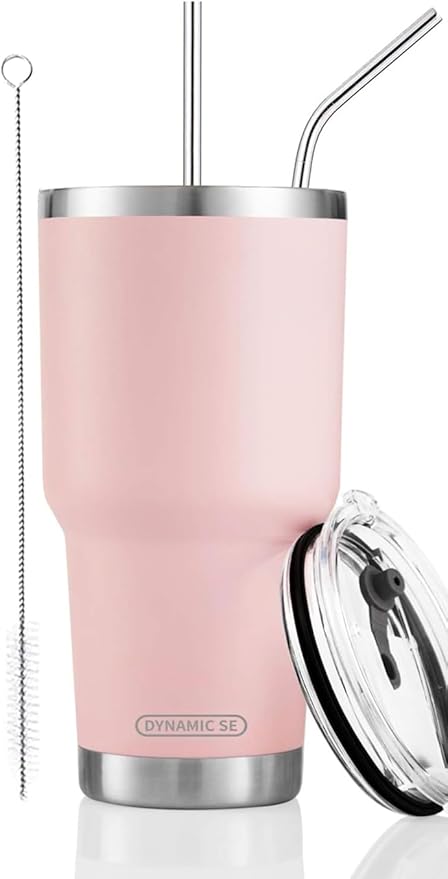D·S 30oz Sakura Pink Tumbler Stainless Steel Double Wall Vacuum Insulated Mug with Straw and Lid, Cleaning Brush for Cold and Hot Beverages