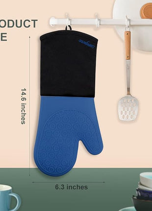 sungwoo Extra Long Silicone Oven Mitts, Heat Resistant Oven Gloves with Quilted Liner Non-Slip Textured Grip Perfect for BBQ, Baking, Cooking and Grilling - 1 Pair 14.6 Inch Royal Blue & Black