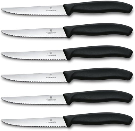 Victorinox 6.7233.6 Swiss Classic Steak Knife Set Ideal for Slicing a Wide Variety of Steak Cuts Serrated Blade in Black, Set of 6