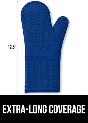GORILLA GRIP BPA-Free Soft Silicone Oven Mitts, Heat Resistant and Waterproof Cooking Gloves, Thick Cotton Lining, Flexible Gripping for Baking Grilling, Kitchen Potholders Set of 2, 12.5x8.3, Blue