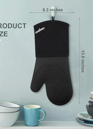 sungwoo Silicone Oven Mitts, Heat Resistant Oven Gloves with Quilted Liner Non-Slip Textured Grip Perfect for BBQ, Baking, Cooking and Grilling - 1 Pair 13.8 Inch Black