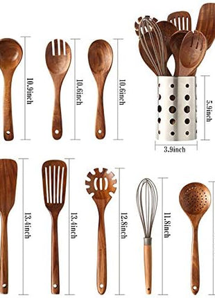 Wooden Kitchen Utensils Set with Holder, NAYAHOSE 9 Pcs Teak Wood Spoons for Cooking Spatula Set with Stainless Steel Storage Barrel
