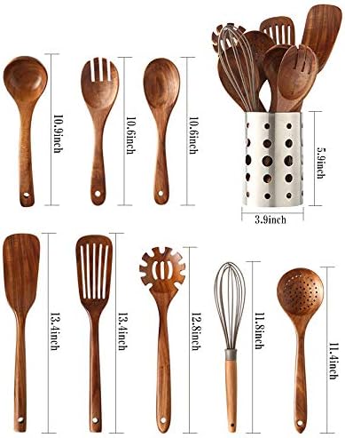 Wooden Kitchen Utensils Set with Holder, NAYAHOSE 9 Pcs Teak Wood Spoons for Cooking Spatula Set with Stainless Steel Storage Barrel