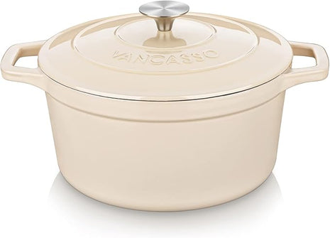 vancasso Cast Iron Dutch Oven, 6 QT Round Pot with Lid and Dual Handles, Non Stick Enamel Coating for Bread Baking, White