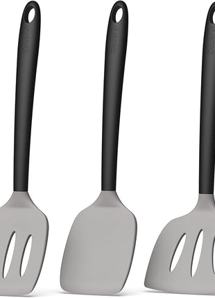 Coukre 3 Pack Silicone Spatula Set, High Heat Resistant, BPA-Free, Fish Spatula, Solid & Slotted Turner for Non-Stick Pans, Flipping Eggs, Pancakes, Fish, Burgers (3, GrayBlack)