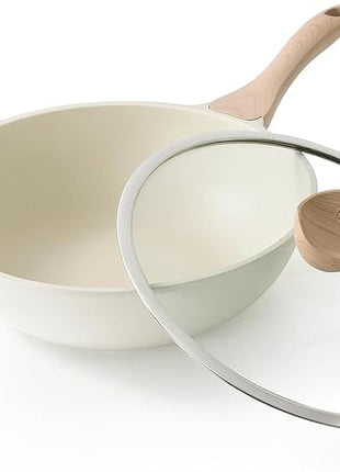 Kordisen Nonstick Wok with Lid, 12 Inch Woks & Stir-fry Pans, Healthy Coating Induction Cookware, Compatible with All Stovetops, PFOA Free (Cream White)