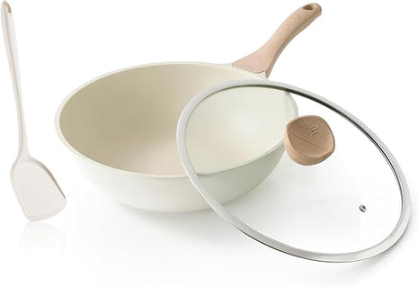 Kordisen Nonstick Wok with Lid, 12 Inch Woks & Stir-fry Pans, Healthy Coating Induction Cookware, Compatible with All Stovetops, PFOA Free (Cream White)