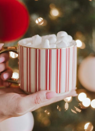 Sweet Water Decor Red Stripe Coffee Mug, 14oz China Christmas Mug with Gold Handle, Large Holiday Winter Cup for Coffee, Tea & Hot Chocolate, Stocking Stuffer Gifts for Women
