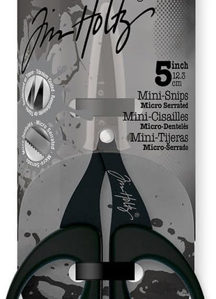 Tim Holtz Small Scissors - 5 Inch Mini Snips with Micro Serrated Blade - Craft Tool for Cutting Paper, Fabric, and Sewing - Titanium with Black Comfort Grip Handles