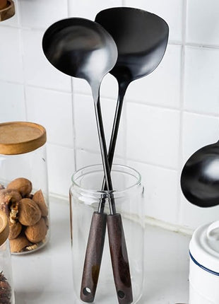 MARTE Spatula & Ladle Wok Tool Set,[High-Grade Titanium Plated, Heat Resistant]14.8-15 Inches Stainless Steel Vintage Wok Utensils,Kitchen Cooking Utensils Set of 2-Ergonomic Solid Wood Handle
