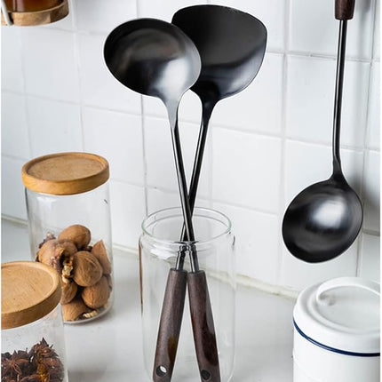 MARTE Spatula & Ladle Wok Tool Set,[High-Grade Titanium Plated, Heat Resistant]14.8-15 Inches Stainless Steel Vintage Wok Utensils,Kitchen Cooking Utensils Set of 2-Ergonomic Solid Wood Handle
