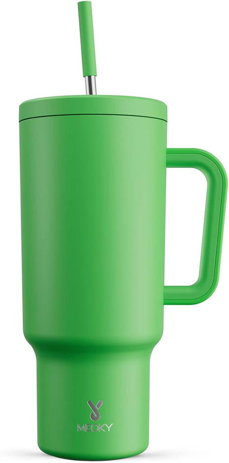 Meoky 40 oz Tumbler with Handle and Straw: Stainless Steel Insulated Tumbler with Lid and Straw - 100% Leak Proof Tumbler for Car Cup Holders - Travelers Commuters Workers, Green