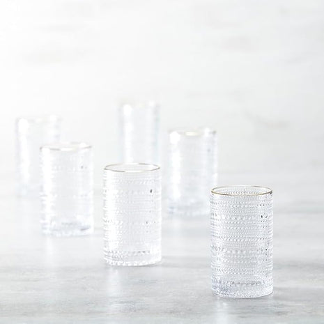 Fortessa Jupiter Beaded Hobnail Glass, 13 Ounce Iced Beverage (Set of 6), Gold Rim Clear