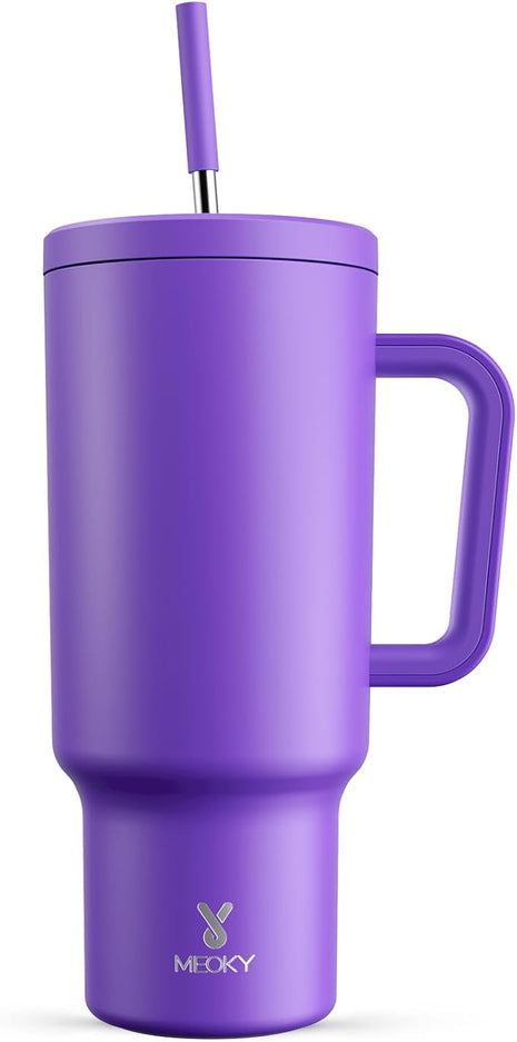 Meoky 40 oz Tumbler with Handle and Straw: Stainless Steel Insulated Tumbler with Lid and Straw - 100% Leak Proof Tumbler for Car Cup Holders - Travelers Commuters Workers, Purple