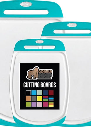 GORILLA GRIP BPA-Free Reversible Kitchen Cutting Board Set of 3, US Designed, Nonporous, Juice Grooves Catch Liquid, Slip Resistant Border, Dishwasher Safe Durable Large Food Chopping Boards Turquoise