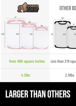 GORILLA GRIP BPA-Free Reversible Kitchen Cutting Board Set of 3, US Designed, Nonporous, Juice Grooves Catch Liquid, Slip Resistant Border, Dishwasher Safe, Durable Large Food Chopping Boards, Pink