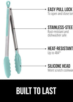 GORILLA GRIP Stainless Steel Heat Resistant Kitchen Tongs for Cooking, 9 + 12 Inch, Set of 2 BBQ Tong, Non Scratch Silicone Tip for Pan, Strong Grip, Grab Food, Toss Salad, Air Fryer, Pull Lock, Mint
