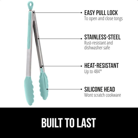 GORILLA GRIP Stainless Steel Heat Resistant Kitchen Tongs for Cooking, Set of 2 BBQ Tong, Non Scratch Silicone Tip for Pans, Strong Grip, Grab Food, Toss Salad, Air Fryer, Pull Lock, 7 + 9 Inch, Mint