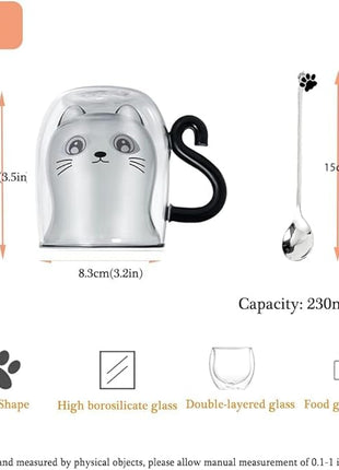 Black Cat Mug Cute Mug with Handle Double Walled Coffee Mugs Kawaii Cat Presents for Women Glass Mugs Tea Cup Cute Birthday Gifts for Cat Lovers Ideas Halloween Christmas