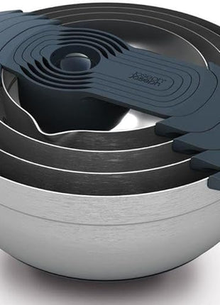 Joseph Joseph Nest 9 Plus, 9 Piece Compact Food Preparation Set with Mixing Bowls, Measuring Cups, Sieve and Colander, Stainless Steel