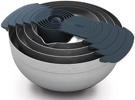 Joseph Joseph Nest 9 Plus, 9 Piece Compact Food Preparation Set with Mixing Bowls, Measuring Cups, Sieve and Colander, Stainless Steel
