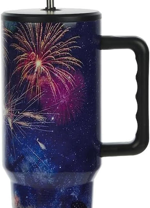 Bioworld Americana 40 Oz. Vacuum Insulated Stainless Steel Tumbler with Leak-Proof Lid & Handle, Patriotic Fireworks & American Flag Design for 4th of July or Everyday Travel