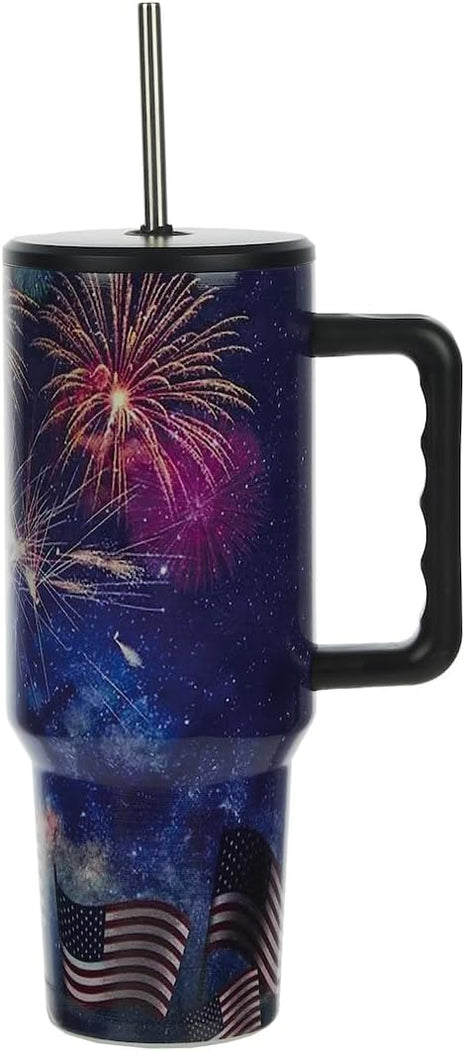 Bioworld Americana 40 Oz. Vacuum Insulated Stainless Steel Tumbler with Leak-Proof Lid & Handle, Patriotic Fireworks & American Flag Design for 4th of July or Everyday Travel